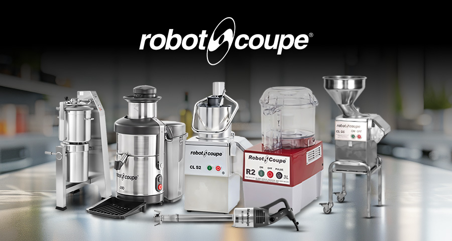 Various Robot Coupe professional food preparation machines displayed, including blenders, cutters, and processors for commercial kitchens.